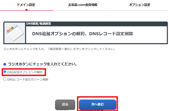 次のページではDNS追加オプションの解約/DNSレコード設定削除する為の確認画面に移動します。DNS追加オプションの解約に☑を入れて次に進むをクリックして次に移動する解約する日付を設定する画面が表示されます。